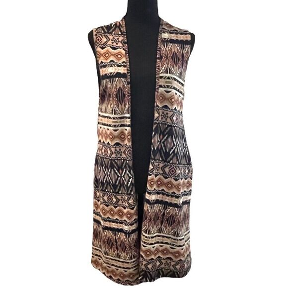 HONEY & LACE Boho Vest Brown Black On Cream Aztec Print Midi Length Duster Sz M - Picture 1 of 6